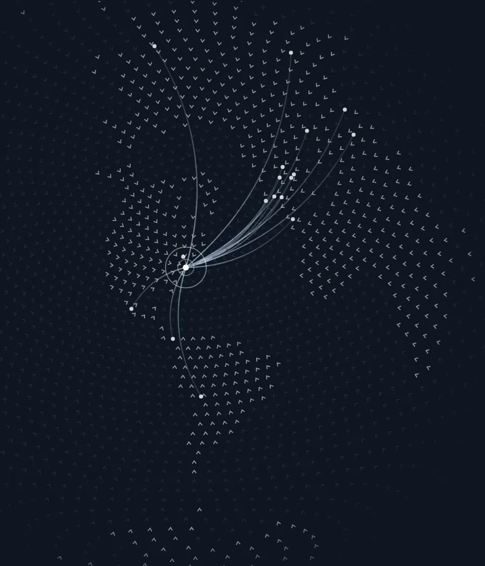 Map: the world drawn in small arrows, every one pointing to New York, with arcs coming in from cities such as Madrid, London, Beijing and Mexico City.